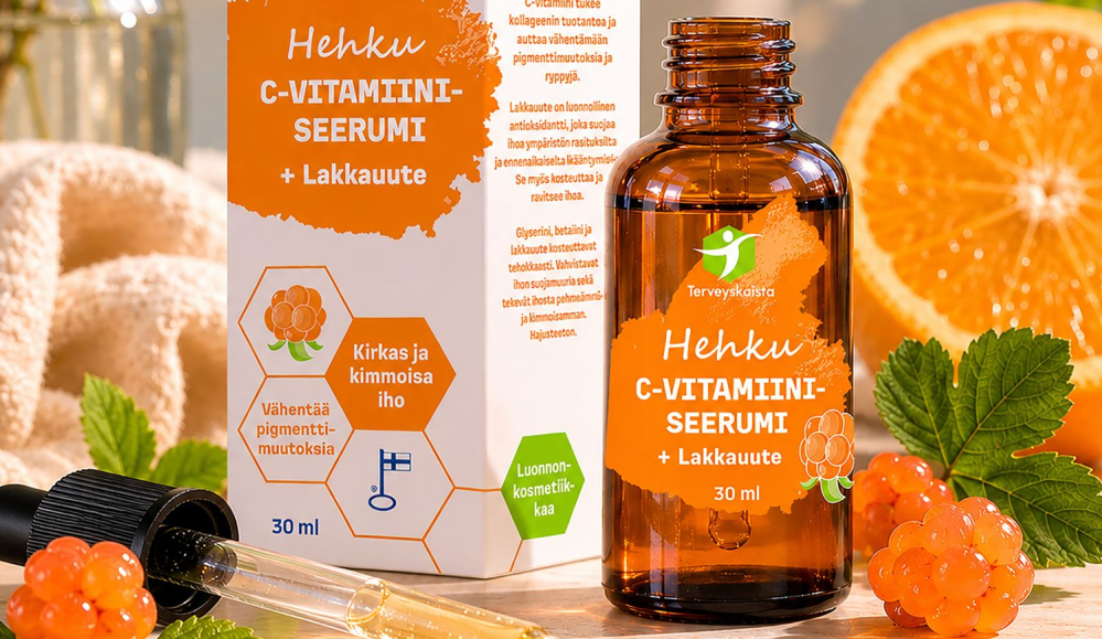 Hehku c-vitamiiniseerumi + lakkauute pullo ja pahvipakkaus