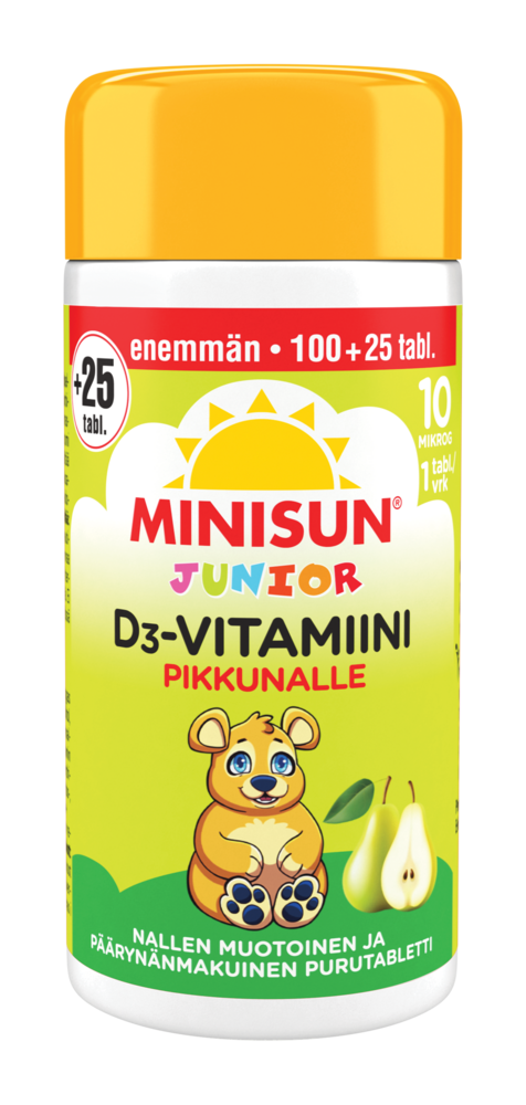 Minisun D-vitamiini 10 mikrog Päärynä Nalle Junior 125 tabl — Minisun