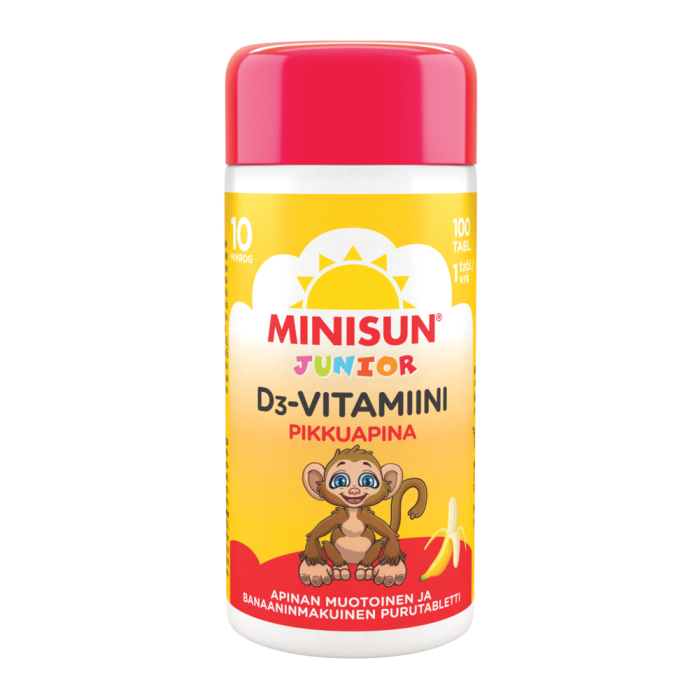 Minisun D-Vitamiini 10 mikrog Junior Apina 100 purutabl banaani-13