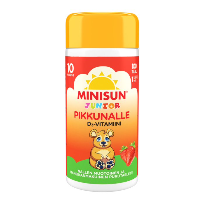 Minisun D-Vitamiini 10 mikrog Junior Nalle 100 purutabl mansikka-13