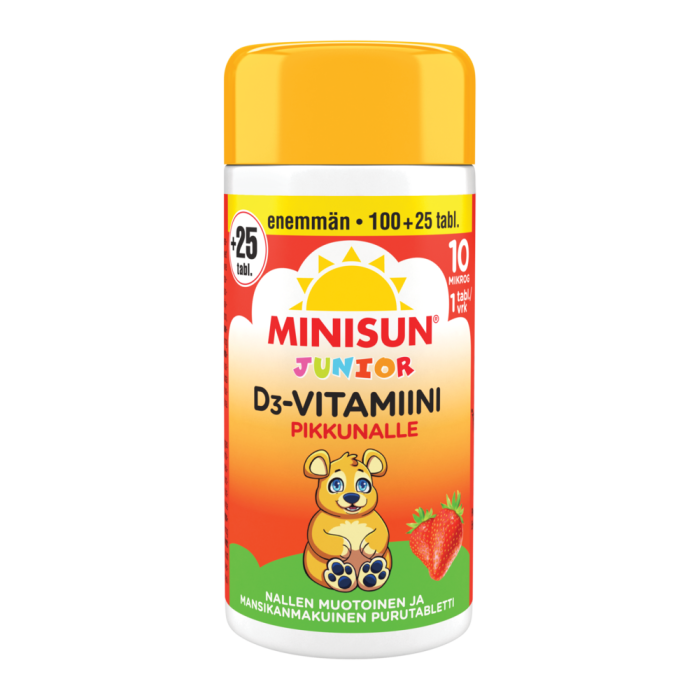 Minisun D-Vitamiini 10 mikrog Junior Nalle 125 purutabl mansikka 100+25-13