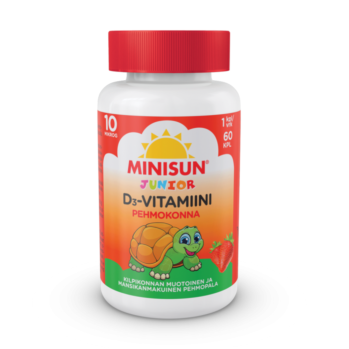 Minisun D-vitamiini Pehmokonna Mansikka 10 mikrog 60 purutabl-13