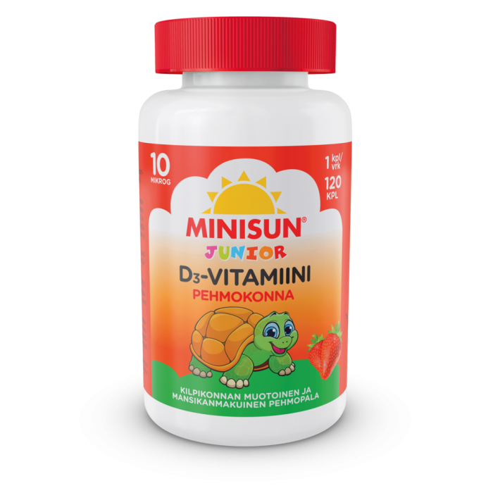Minisun D-vitamiini Pehmokonna Mansikka 10 mikrog 120 purutabl-13