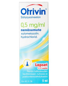 OTRIVIN SÄILYTYSAINEETON 0,5 mg/ml 5 ml nenäsumute, liuos pystysuuntainen pumppu