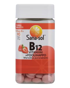 Sana-sol B12-vitamiini 1000&micro;g +foolihappo Mansikka purutabletti 90 kpl