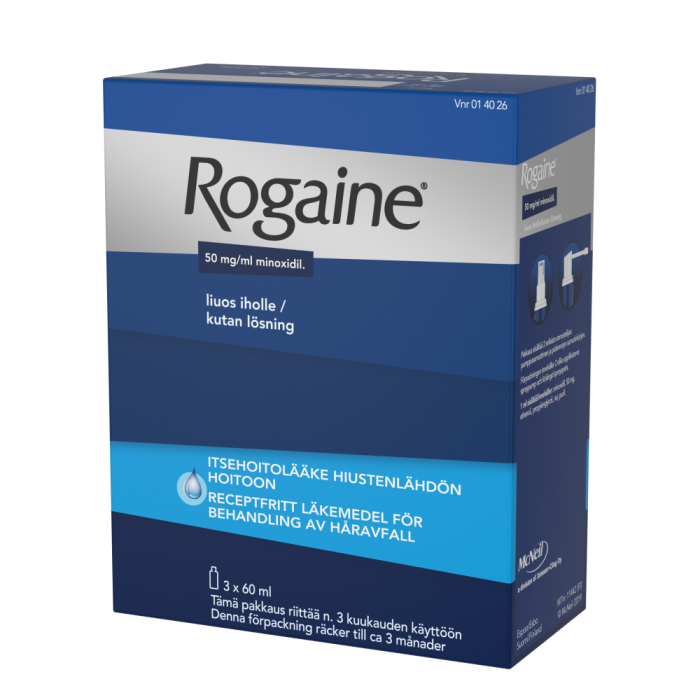 ROGAINE 50 mg/ml 3 x 60 ml liuos iholle 2 annostelijaa-13 ROGAINE 50 mg/ml 3 x 60 ml liuos iholle 2 annostelijaa-13