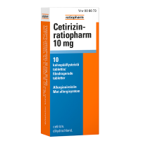 CETIRIZIN-RATIOPHARM 10 mg 10 fol tabl, kalvopääll