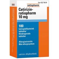 CETIRIZIN-RATIOPHARM 10 mg 100 fol tabl, kalvopääll