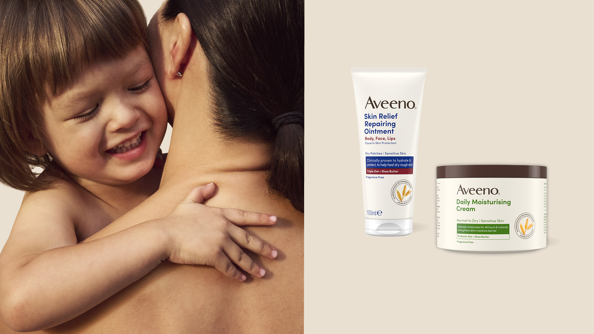 aikuinen ja pikkulapsi Aveeno-uutuusvoiteiden kanssa