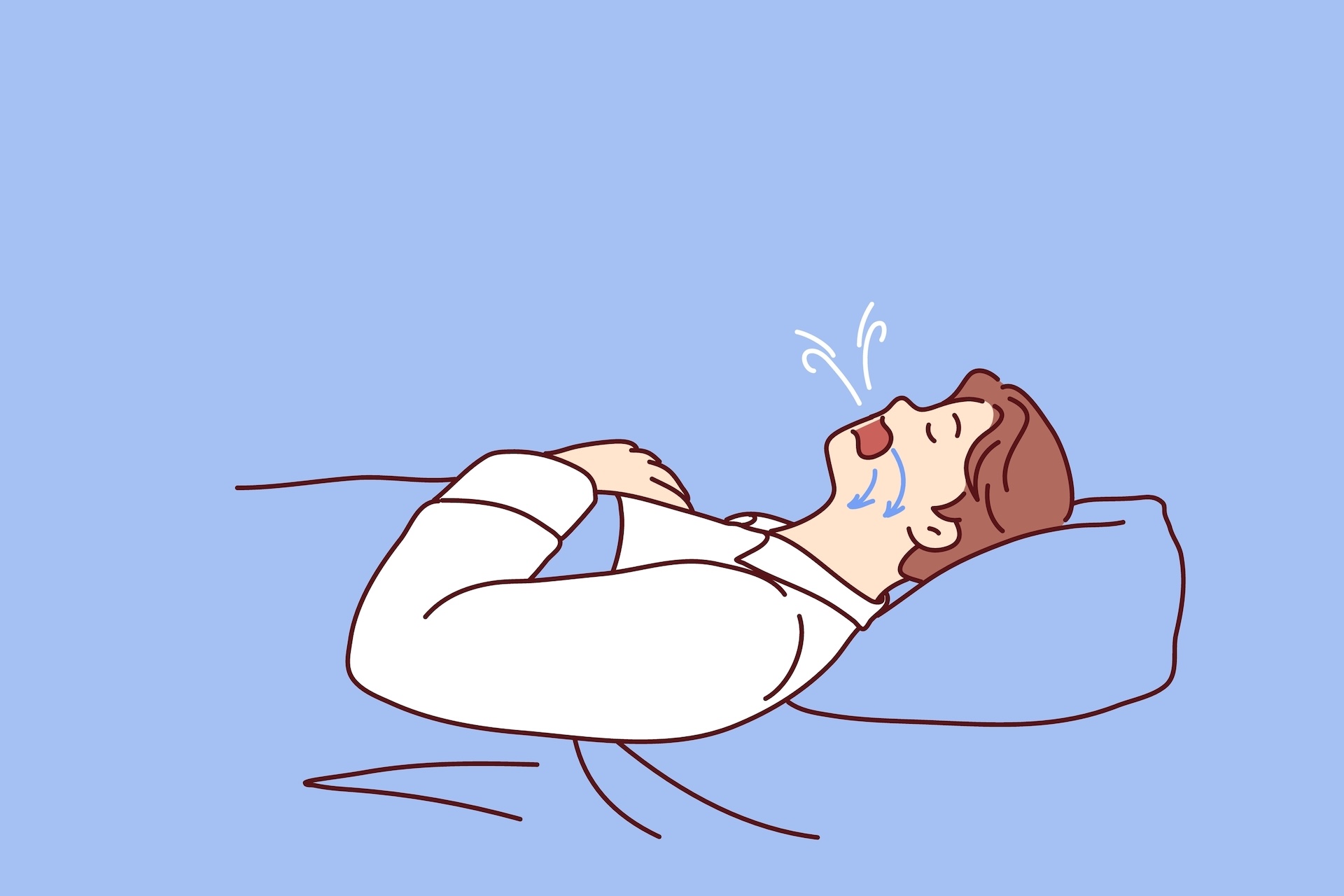 Kuorsaaminen on yleinen vaiva. Piirretty mies kuorsaa sängyssä yöllä nukkuessaan.