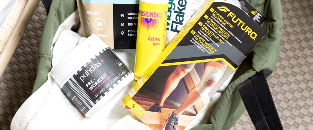 Korissa nivelten hyvinvoinnin edistämiseen tarkoitettuja polvitukia, lihasgeelejä ja lisäravinteita